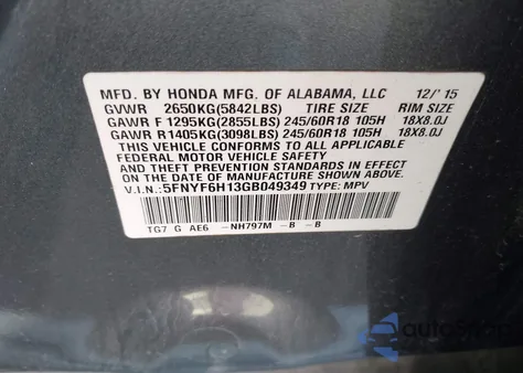 2016 Honda Pilot Lx из США, поврежденный, VIN 5FNYF6H13GB049349